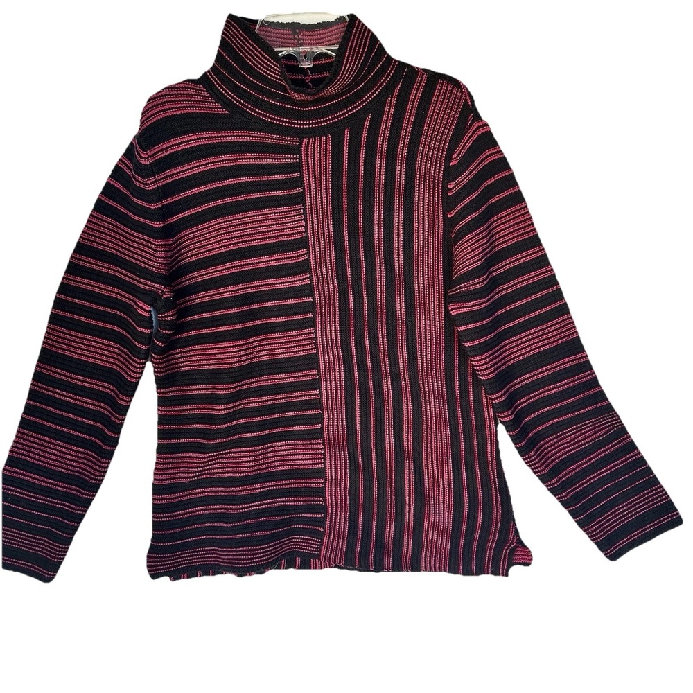 Habitat Clothes Sweater Women Medium Black Pink Raspberry Striped Knit Higg Neck